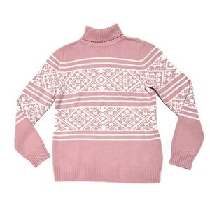 Vintage 90s Liz Claiborne Pink Fair Isle Chunky Knit Turtleneck Sweater